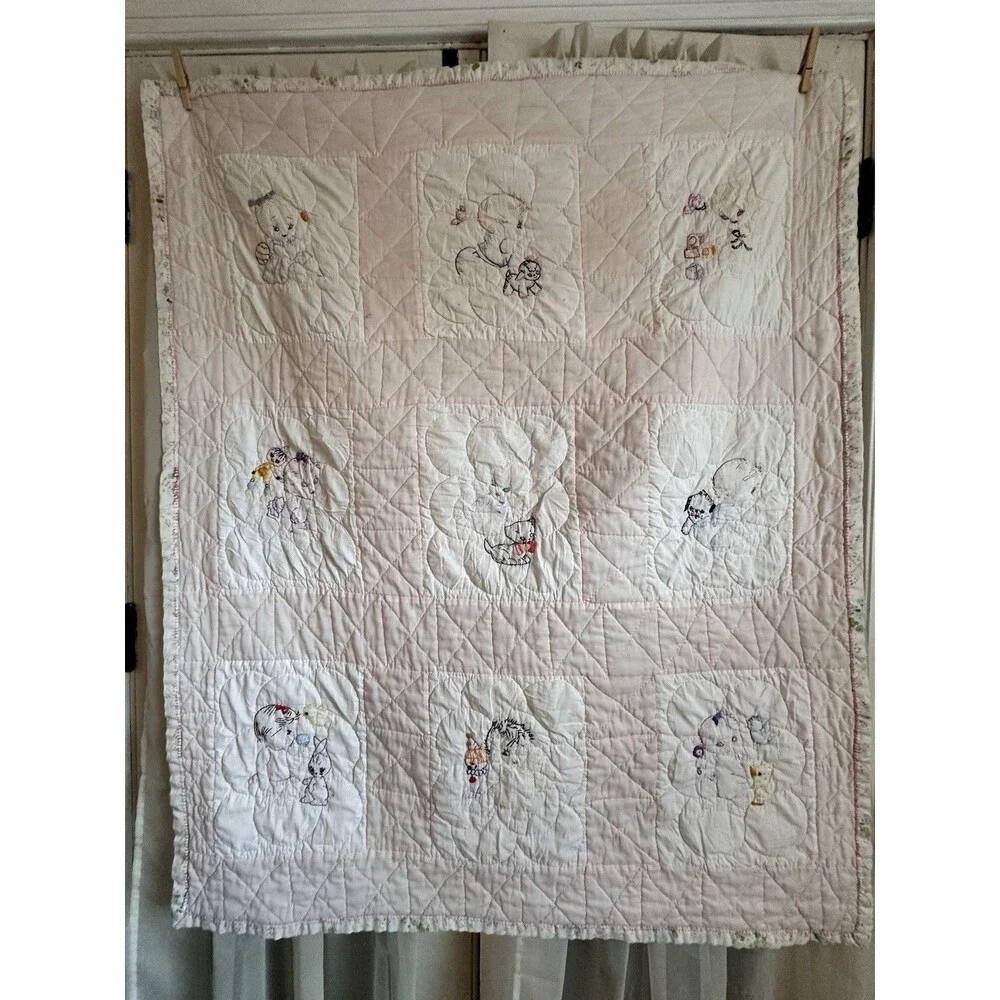 Vintage Handmade Baby Quilt – Embroidered Nursery Animals Pink 52 X 42
